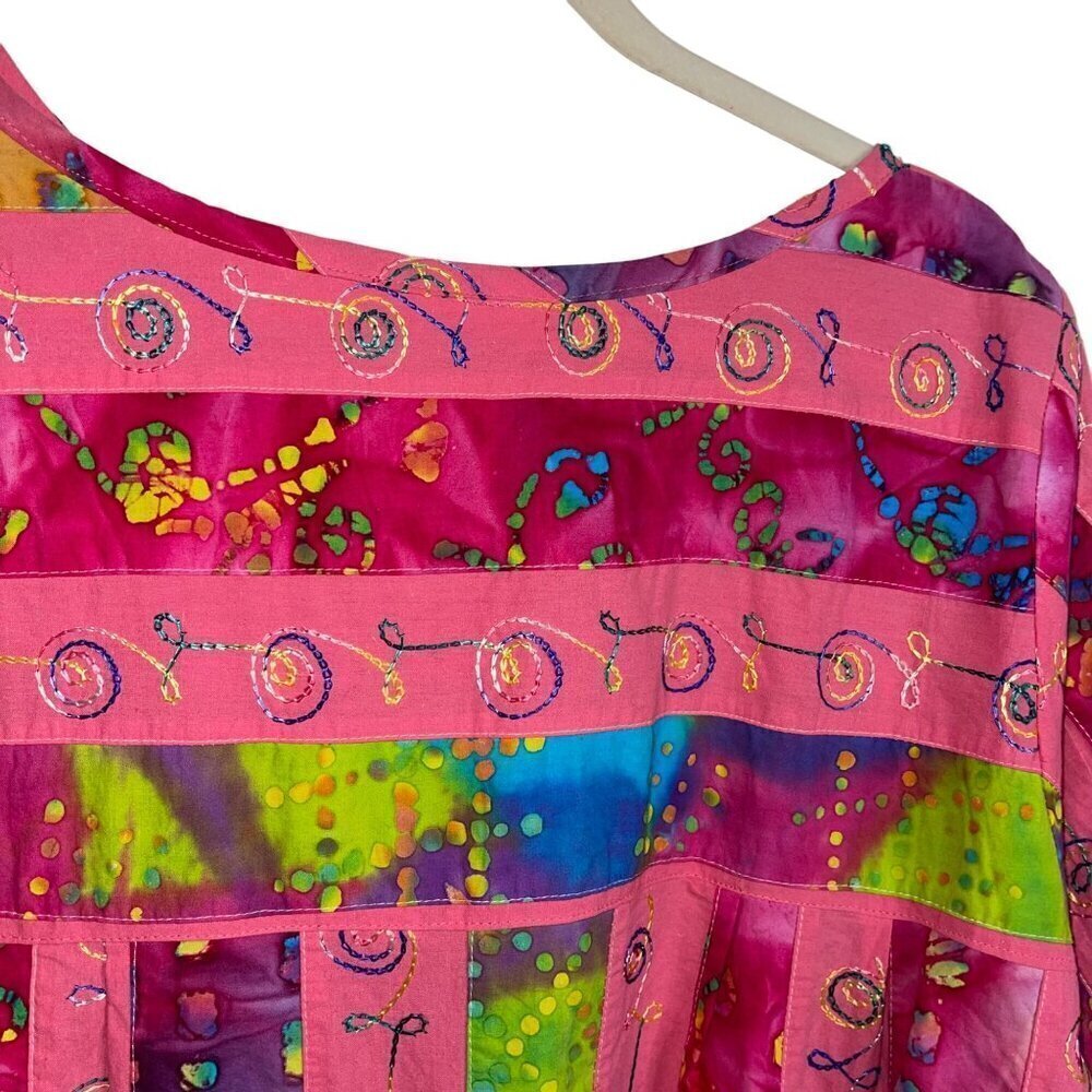 Vintage Womens Dress Size Large Pink Tie Dye Embroidered Patchwork Midi - Picture 6 of 10